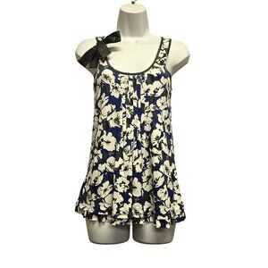 Vintage American Eagle Floral Print Sleeveless Tank Top Silk Black Bow Accent XS